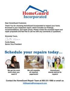 HomeGuard Incorporated letterhead with logo, formal greeting, signature, and a promotional banner reading 'Schedule your repairs today' with three service images and contact email below.