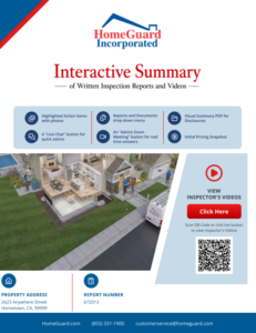 HomeGuard Interactive Summary header with logo, red title, icon features row, large home photo, and a right-side video panel with QR code.