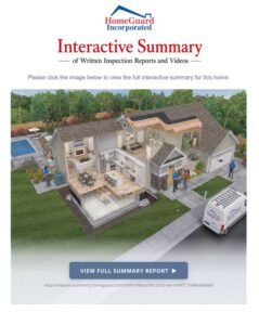 Cutaway rendering of a suburban house showing interior rooms and a HomeGuard team outside, with a HomeGuard van in the driveway; image promotes the interactive summary report and a 'View Full Summary Report' button.